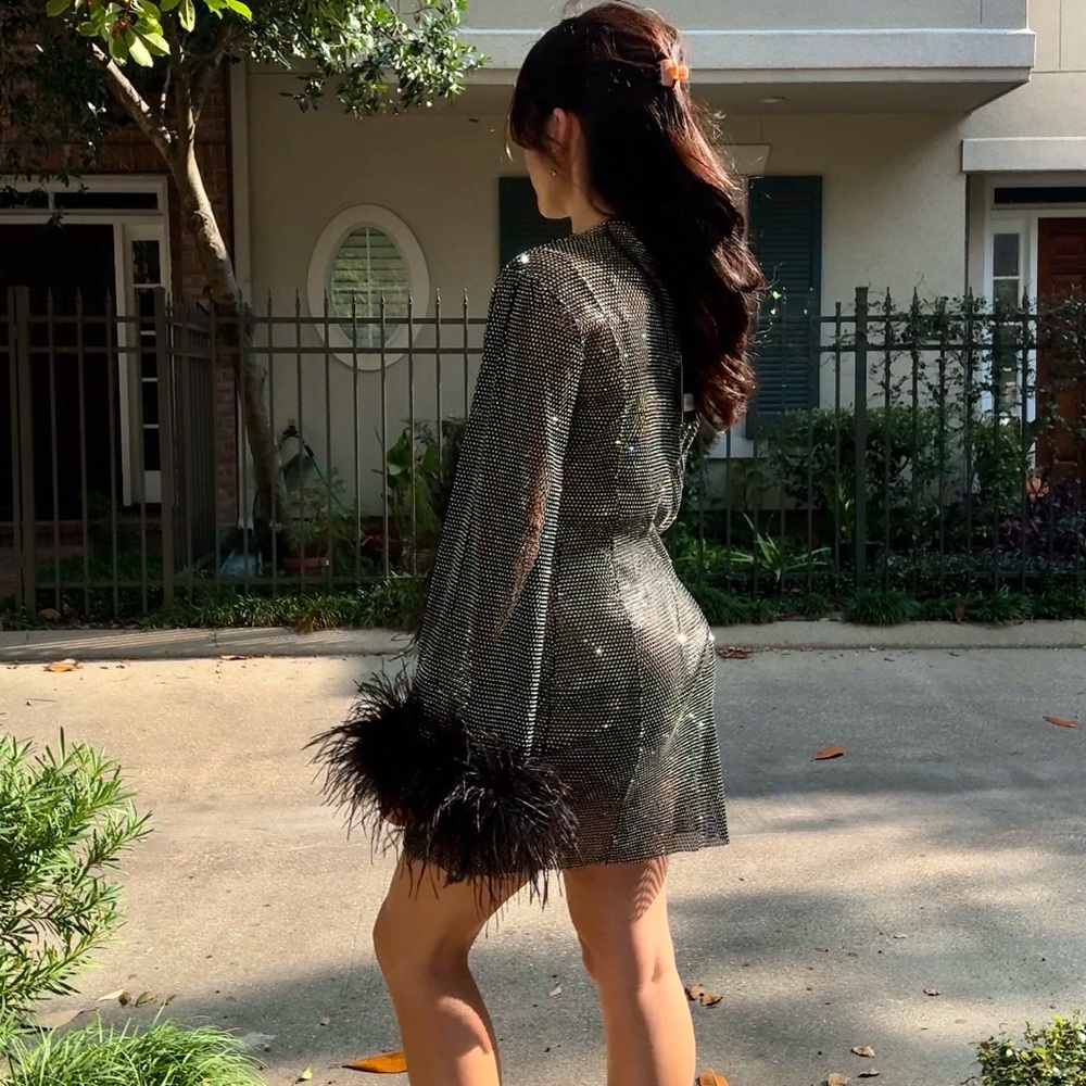 Cute New Years Dress - black sequined with feather trim.